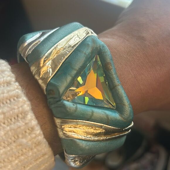 VINTAGE Duane Fitzgerald Leather Cuff Bracelet Turquoise Gold Silver Rocker Glam - Picture 1 of 4